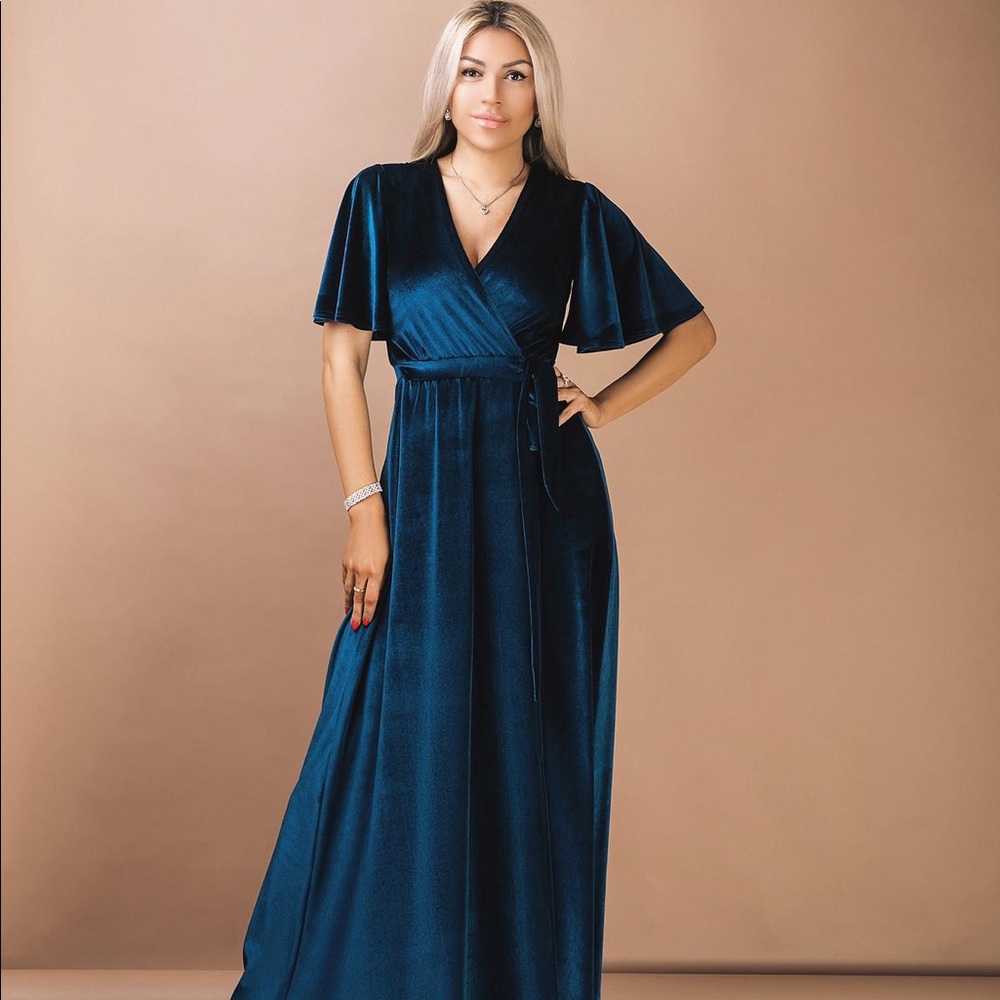 ❗️NEW❗️Dark Teal Ruffle Sleeves Velvet Maxi Dress
